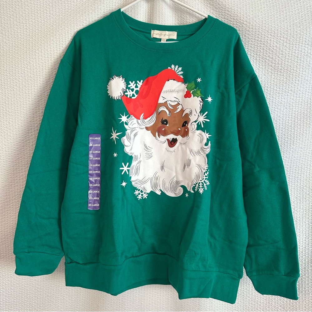 State of Mine Green Santa Christmas Graphic Crewneck Sweatshirt XXL NWT Holiday